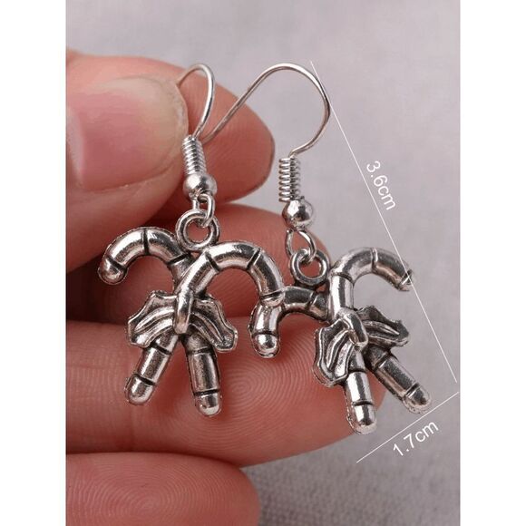 SILVER CHRISTMAS CANDY CANE BOW DANGLE EARRINGS - Picture 4 of 6